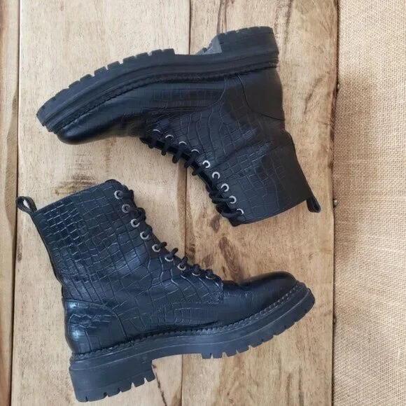 Napoleoni Black Leather Croc-Emboss Lace Up Combat Moto Chunky Sole EU 38 / US 8